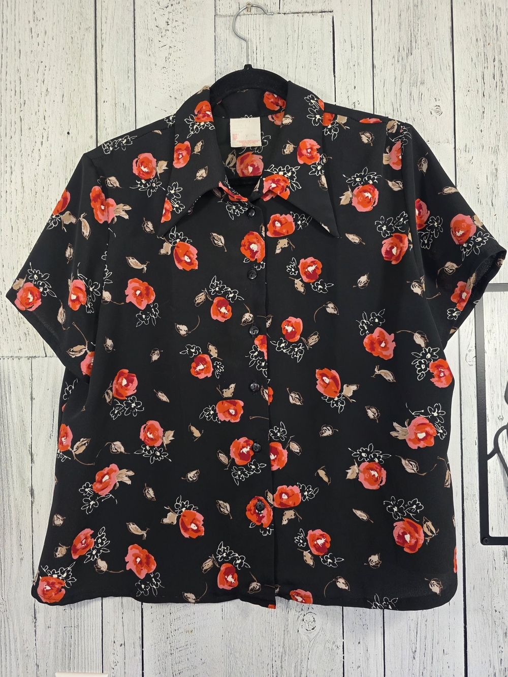Vintage Tall Girl Black Red Floral Blouse Size 16 Made in Canada